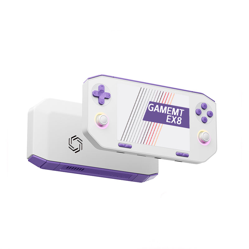 GameMT EX8 Android handheld — white and purple colorway, front and back